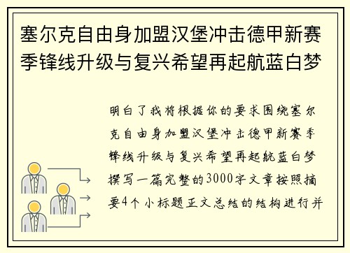 塞尔克自由身加盟汉堡冲击德甲新赛季锋线升级与复兴希望再起航蓝白梦